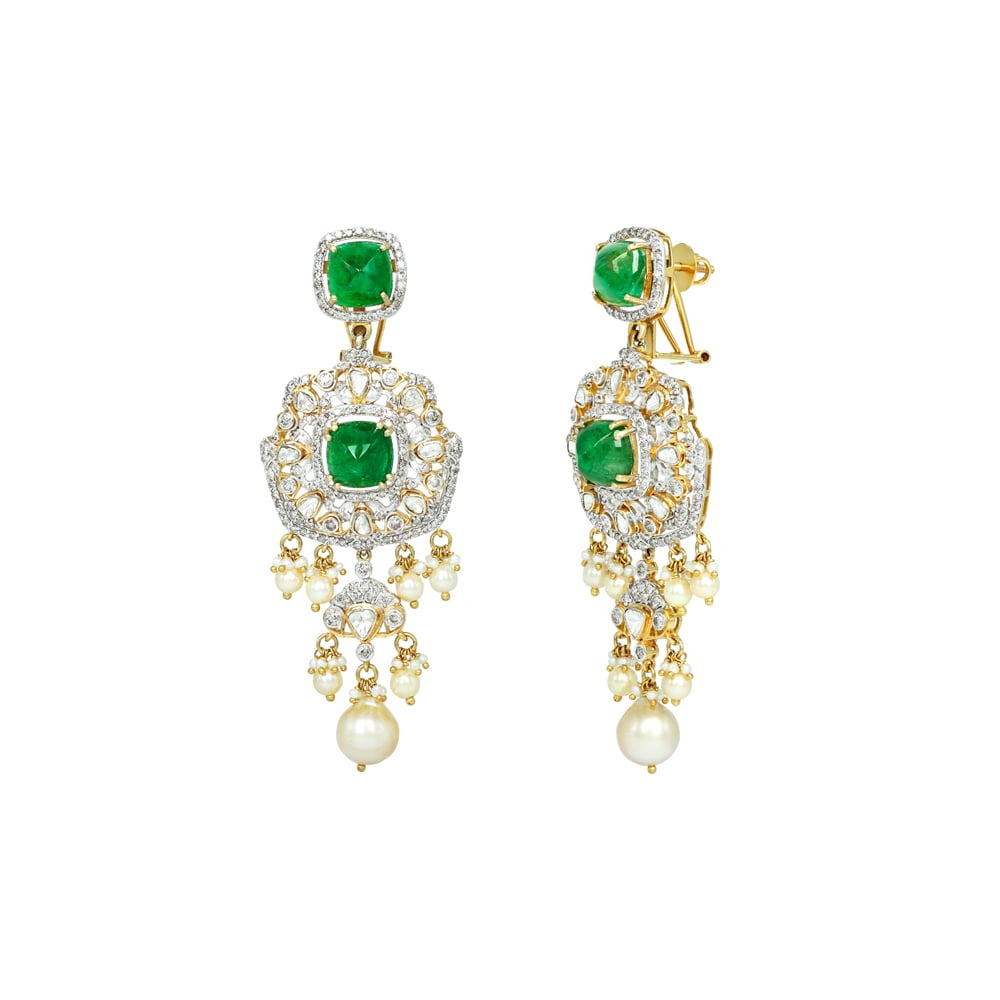 Emerald and Polki Earrings with Pearls